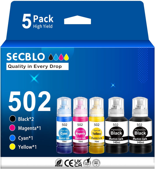 502 Ink Refill Bottle for Epson 502 T502 for EcoTank ET-4760 3850 Printer, 5 Pack