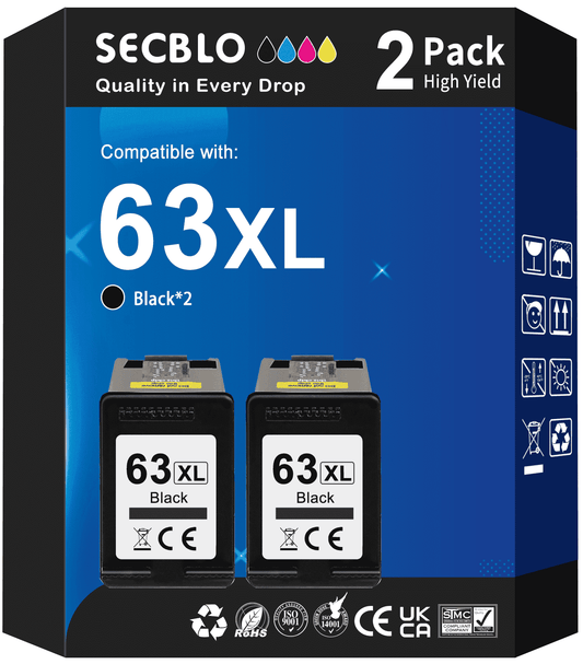 63XL Black Ink Cartridge Compatible for HP Black Ink 63 (2 Black)