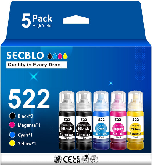 522 Ink Refill Bottle for Epson 522 T522 for EcoTank ET-2720 4700 2800 4800 Printer, 5 Pack